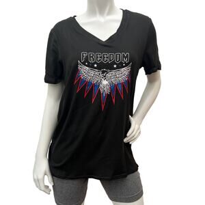 Roshop Women's Freedom Logo Short Sleeve V-neck Black T shirt size L